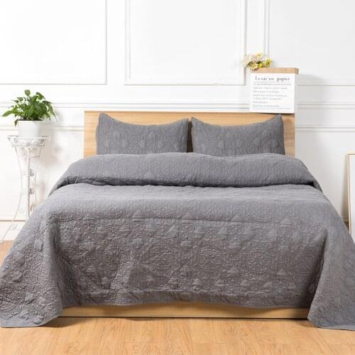 CHAUSUB 60S Cotton Bedspreads Quilt Set 3pcs Enzyme Wash Gray Embroidered Quilts Shams King Queen Size Quilted Coverlet Blanket