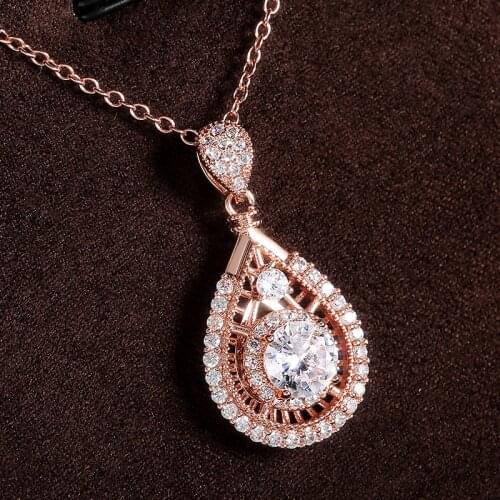 Huitan Luxury Pear Shape Pendant Necklace for Women Wedding Engagement Necks Full Shiny CZ Stone Rose Gold Color Fashion Jewelry