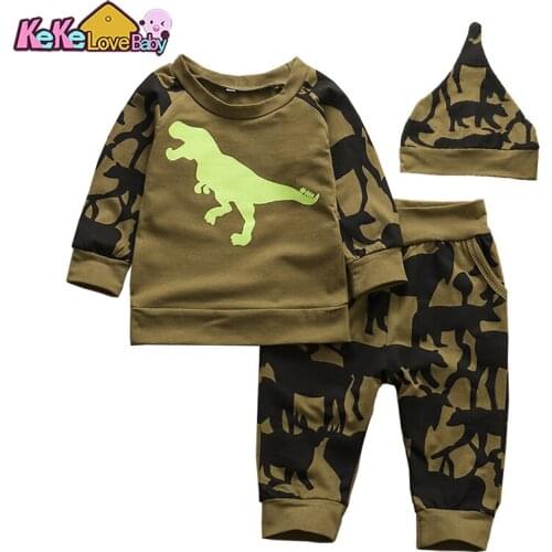 3Pcs Newborn Baby Boys Clothes Set 2020 Autumn Dinosaur Outfits For Girls Top T-shirt Pants Hat Cotton New Born Infant Clothing