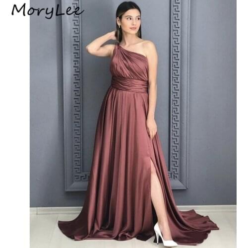 Prom Dresses One Shoulder Sleeveless A-Line Side Slit Spandex Satin Prom Dresses With Zipper Back vestidos de fiesta de noche