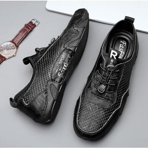 Lather Shoes For Men Casual Shoes Sport Leather Men Mens Spring Fashion Sneakers Mesh Mens Causal Summer Italian Leisure Black