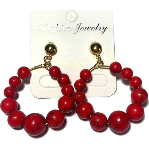 Wholesale Golden Circle Earrings 10mm 8mm 6mm Natural Round Stone Beads Made Simple Geometry Fashion Jewelry For Women Girls