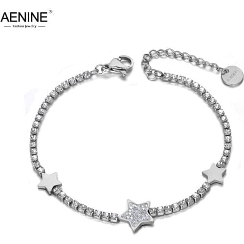 AENINE Trendy Clay Rhinestone Star Charm Bracelets For Women Girls Stainless Steel CZ Link Chain Bracelet For Christmas AB19132
