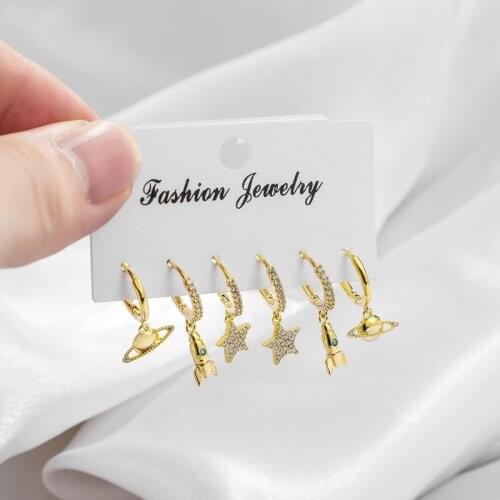 Fashion Cubic Zirocnia Nice Star Rocket And Planet Gold Hoop Earrings 6 pcs Sets pendant Earrings For Women Jewelry 2020