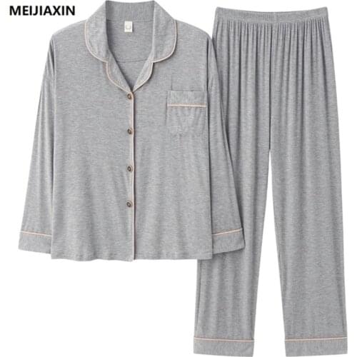 Autumn Modal Men Pajamas Long Sleeve Turn-down Collar Turn-down Collar Sleepwear Suit Casual Soft Plus Size Male Homewear