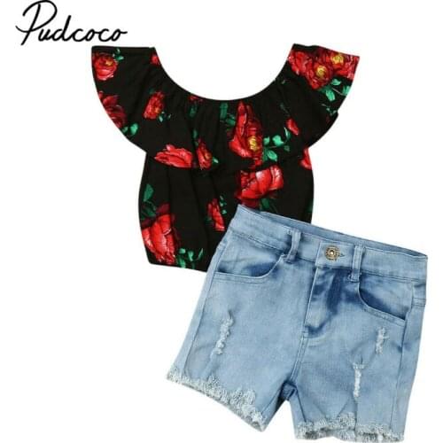1-6T Toddler Kids Baby Girls Clothes set Summer Off Shoulder Black Rose Crop Top and Denim Hole Short Jeans Streetwear outfits