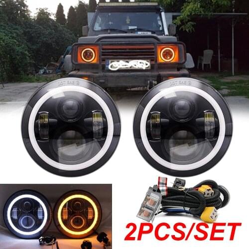 PAIR 7Inch LED Headlights +H4 Relay Wire Harness HI-LO BEAM DRL For Jeep Wrangler JK Suzuki Samurai International Harvester 4200