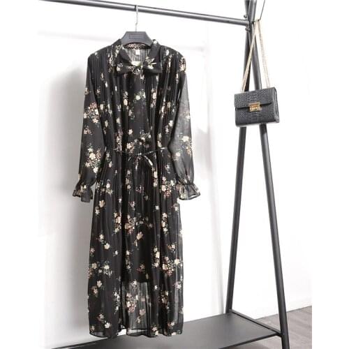 New Womens Floral Print Pleated Chiffon Dress 2020 Spring Autumn New Female Casual Flare Sleeve lace Up Bow Neck Basic Dresses