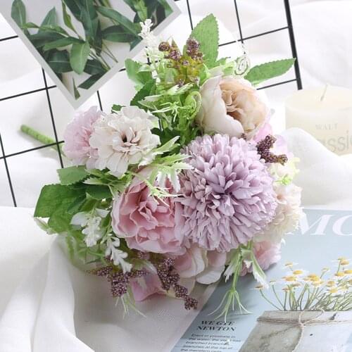 Mix floral beautiful peony artificial flowers hydrangea silk fake bouquet for home wedding decoration dandelion foam plastic