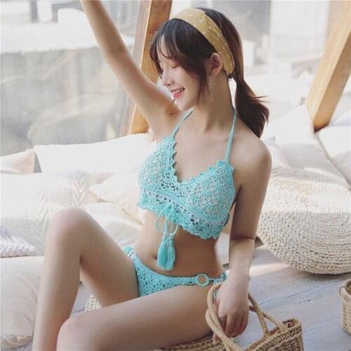 Knitted Sexy Bikini Set Women Fashion Beach Cotton Solid Hollow Out Cute Kawaii Bathing Swimwear Swimsuit 2 Pieces Vintage Bow