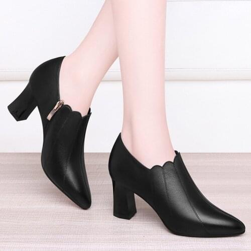 Genuine leather shoes Dress 2021 new autumn womens shoes pointed toe thick heel ladies high heels fashion work shoes mid-heel