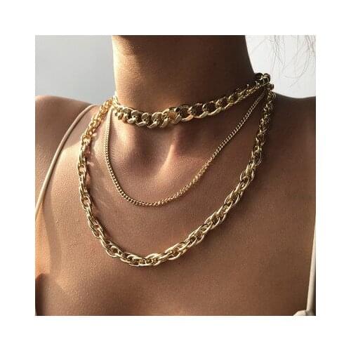 High Quality Multi-layer Punk Hip Hop Curb Cuban Thick Necklace Choker Women Men Chunky Lock Collar Necklace Party Jewelry Gifts