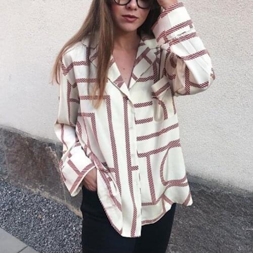 Ladies 2021 Summer Geometric Print Single-breasted Long-sleeved Blouse Shirt Top