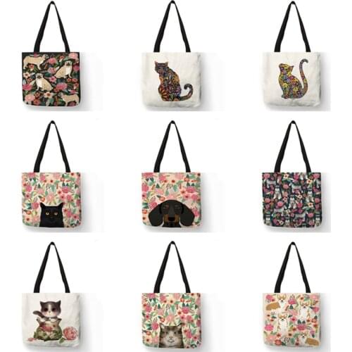 Custom Floral Pet Dog Cat Print Women Tote Handbag Casual School Traveling Shoulder Bag Reusable Shopping Bags for Supermarket