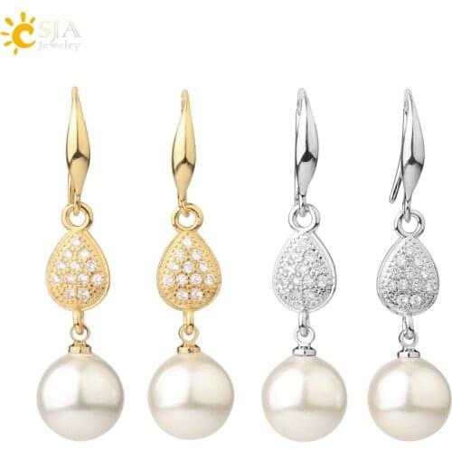 CSJA Real Freshwater Cultured Pearl Earrings for Bride Silver Color Rhinestone Crystal Long Dangling Earrings Wedding Gifts S709