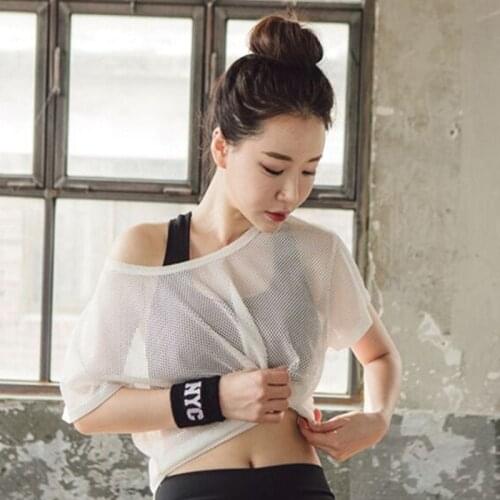 Women Tops Hollow Perspective Grid Outdoors Yoga Running Dancing Fitness Cycling Breathable Sport Mesh T-shirt Quick Drying