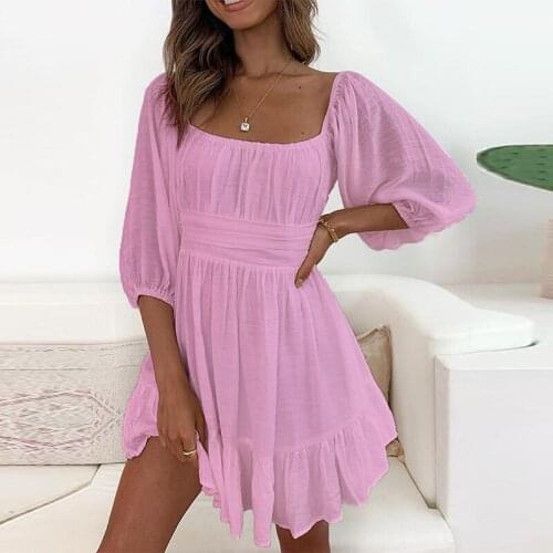 Women Elegant Square Collar Cotton Linen Dress 2021 Spring Lantern Sleeve Office Lady Mini Dress Summer Solid Draped Party Dress