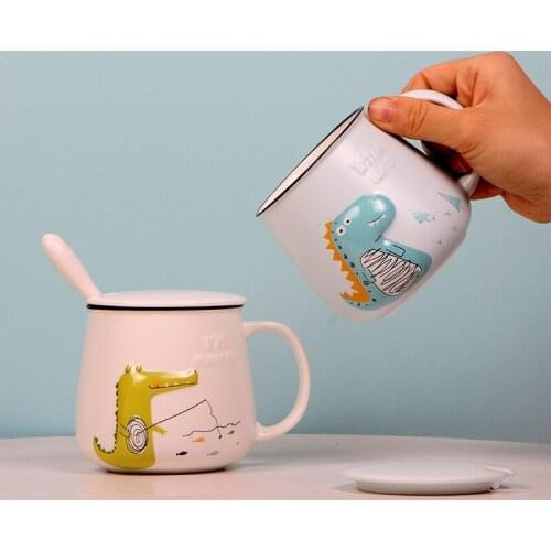 350ml Cute cartoon Korean crocodile dinosaur ceramic couple mug with lid scoop office coffee tea milk mug for boys and girls