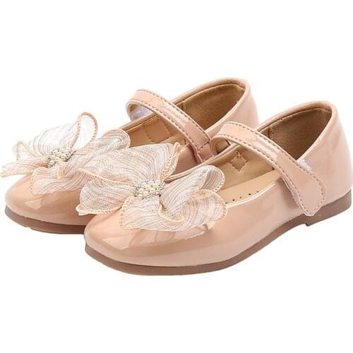 Children Shoes For Girls Princess With Bow Cute Sweet Kids Flats Leather Shoes With Lace Bow-knot Pearls Beading Wedding Party