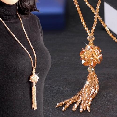 Graceful 2019 New Arrival Exquesite Korean Crystal Long 10 Colors 1PC Sweater Pendant Necklaces Seaside Bead Tassel Girls