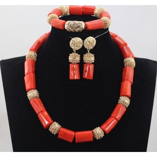 Quality Original Coral Bead Statement Necklace Earrings Bracelet Jewelry Set Dubai New Women Jewelry CNR759