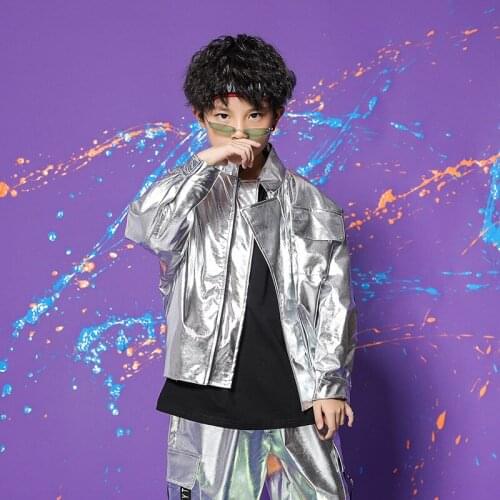 Fashion Big Boys Silver Hiphop Coats Solid Color Streetwear for Kids Girls Spring Autumn Teenage Performance Costume Jackets