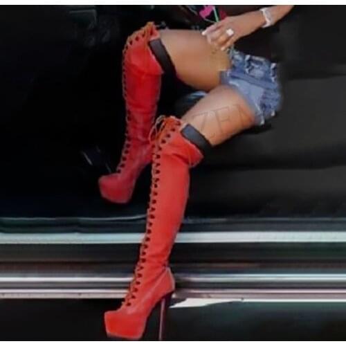 LAIGZEM Women Over Knee Boots Wide Calf Friendly Lace Up Stiletto Heels Platform Boots Winter Shoes Botine Large Size 50 51 52