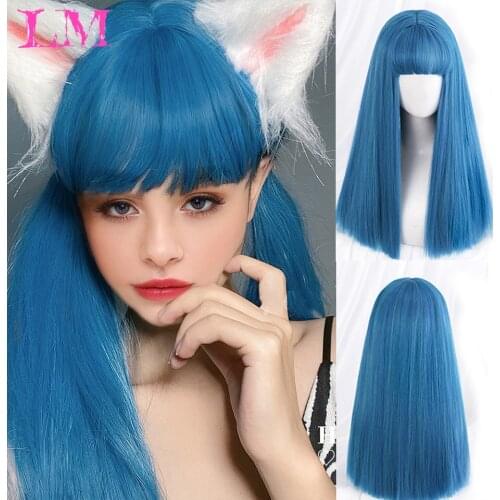LM Long Ombre Colorful Synthetic Cosplay Lolita Harajuku Wig With Bangs Natural Wavy Wigs Pink Purple Blue Daily Wigs