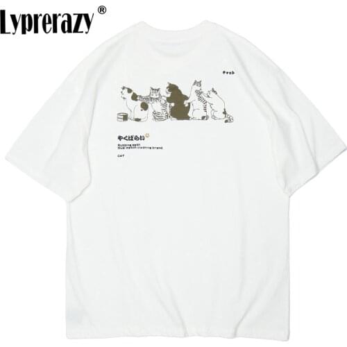 Lyprerazy Japanese Harajuku Funny Cat Printing T-shirt Summer Men Short Sleeve Oversized Loose Casual Tee Tops