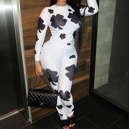 OMSJ New Style Four-leaf Clover Print Jumpsuit Long Sleeve O-neck Skinny Sexy Rompers Womens Jumpsuit Fashion Unique Streetwear