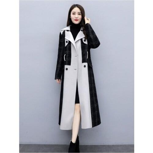 Woolen overcoat fashion women mid-length Long sleeve autumn winter double-breasted slim plaid stitching Keep warm outwear D88