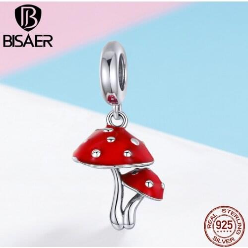 BISAER Authentic 925 Sterling Silver Forest Mushroom Red Enamel Charms Beads fit Original Bracelets Necklaces Jewelry ECC1060