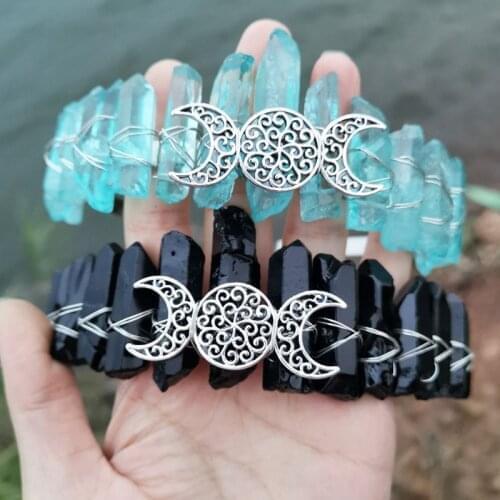 Boho Hollow Out Antique Moon Crown Headband Handmade Colorful Raw Quartz Crystal Tiara Hair Hoop Bride Wedding Headdress