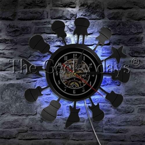 Rock Music Guitar in Circle Silhouette LED Light Vinyl Record Wall Clock Musical Instrument Wall Art Decorative Lighting