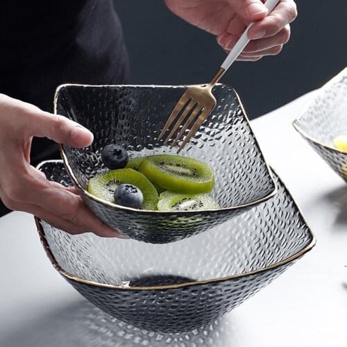 Gold Inlay Edge Glass Salad Bowl Transparent Glass Bowl Dessert Snack Fruit Vegetable Bowl Kitchen Utensils Decoration Tableware