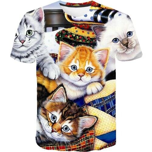 Animal cat kids T-shirt summer 3D printed cute cat short-sleeved boys and girls fashion casual round collar 4t-15t kids T-shirt
