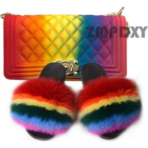 Women Fur Slippers Jelly Bag Purses Set Fluffy Sandals Ladies Party Amazing Plush Slides Handbag with Slides Raccoon Fur Slides