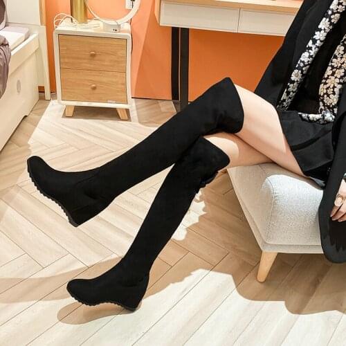 2021 New Winter Boots Women Real Fur Large Size Snow Boots Ladies Black Wedges Heels Woman Shoes Over The Knee Boots