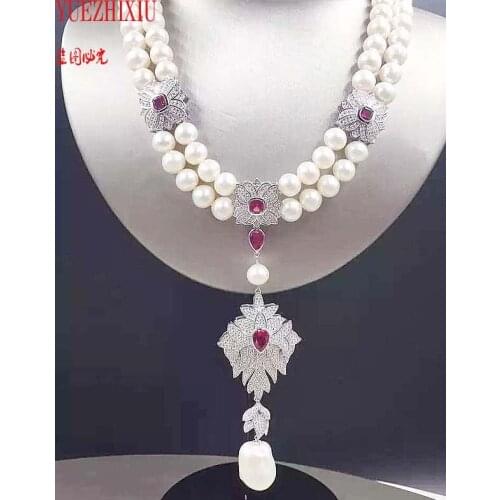 Womens 8-9mm white freshwater pearl flowers micro inlay zircon accessories necklace White Keshi Pearl Pendant