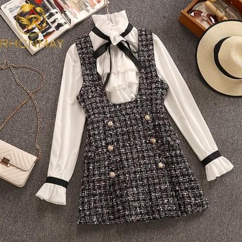 2020 Spring Autumn 2 Piece Set Overalls Dress Women Elegant Ruffles Chiffon Bow Shirt Top+Double Breasted Plaid Tweed Vest Dress