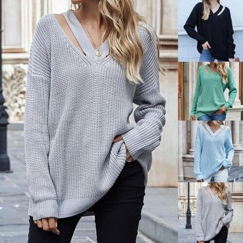Women Cross Strapless Sweaters Autumn Winter Sexy V Neck Long Sleeve Hollow Out Ladies Elegant Knitwear Sweater Loose Jumper