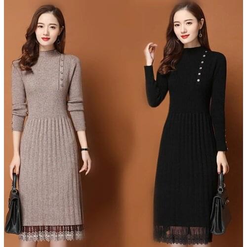 Lace Hem Buttons Women Autumn Winter Sweater Knitted a line Dresses Slim Elastic Long Sleeve Elegant Lady Bodycon Midi Dresses