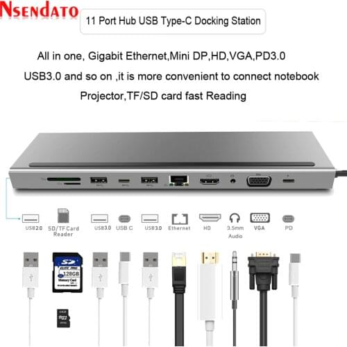 11 in 1 USB Type C HUB to 3.0 USB HD RJ45 USB HUB For MacBook Pro HUAWEI HP USB Splitter Multi 11 Ports Type C HUB USB-C HUB