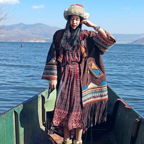 2019 Long Knee Length National Suede Vintage Loose Plus Size Coat Spring And Autumn Appliques Embroidery Outerwear With Tassels