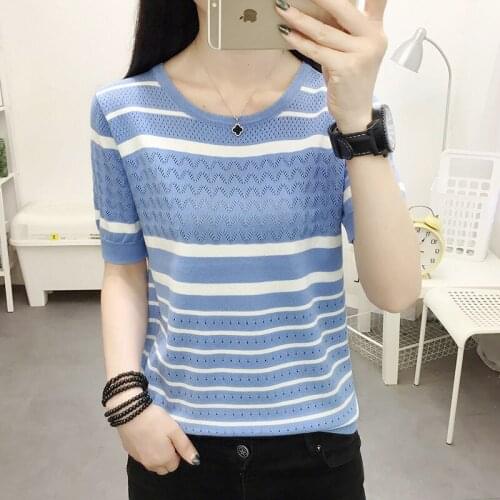 2021 New Ladies O-neck Striped Tee Tops Summer Short Sleeve T-shirt Women Loose T-shirt Knitted Tops Female Casual T-shirt L48