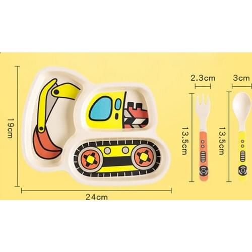 Hot 3Pcs/Set Baby Dish Tableware Children Cartoon Car Feeding Bowl Dishes Kids Natural Bamboo Fiber Dinnerware with Fork Spoon P