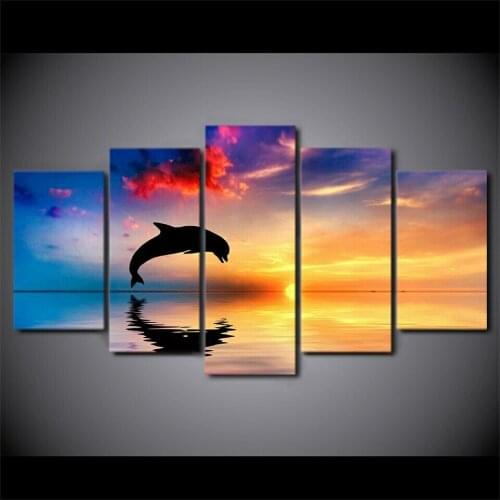 No Framed Canvas 5Pcs Dolphin Sunset Landscape Printed Wall Art Posters Pictures Paintings Home Decor Living Room Decoration