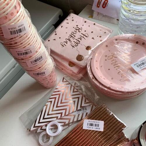 78pcs/lot Rose Gold Happy Birthday Paper Tableware Set Disposable Paper Cup Plate Unicorn Birthday Supplies Party Dinnerware Kit