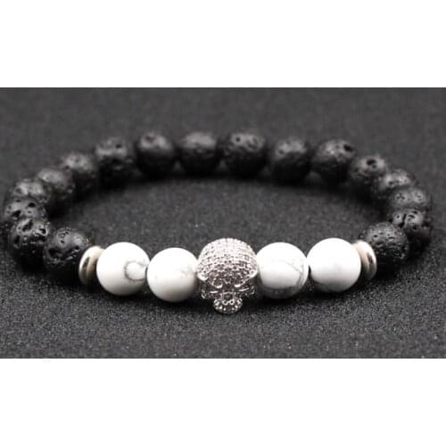 8mm xg432 skull cz zircon cubic zirconia elastic adjusted black volcanic lava Bracelet Stone bead white Howlite gift