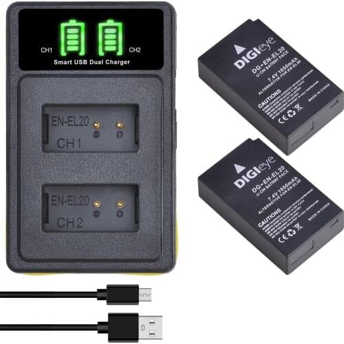 2PCS EN-EL20 EN EL20 EN EL20a Battery + LCD Dual USB Charger Type C Port for Nikon Coolpix P1000 Nikon1 J1, J2, J3 Nikon1 AW1